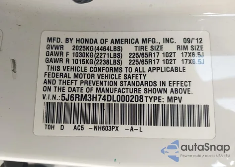 2013 Honda Cr-V Ex-L z USA, uszkodzony, nr VIN 5J6RM3H74DL000208